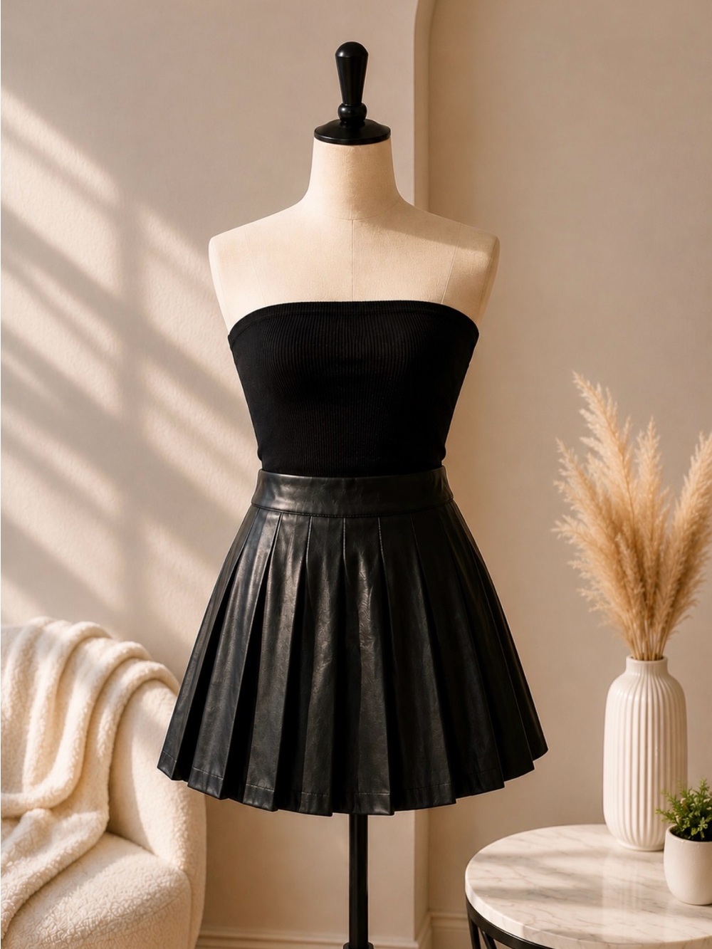 Black Pleated Vegan Leather Mini Skirt - Women's Skirt